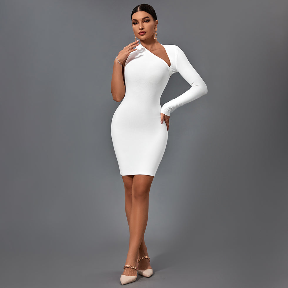 Halter One Sleeve Asymmetrical Mini Bandage Dress PZ19259