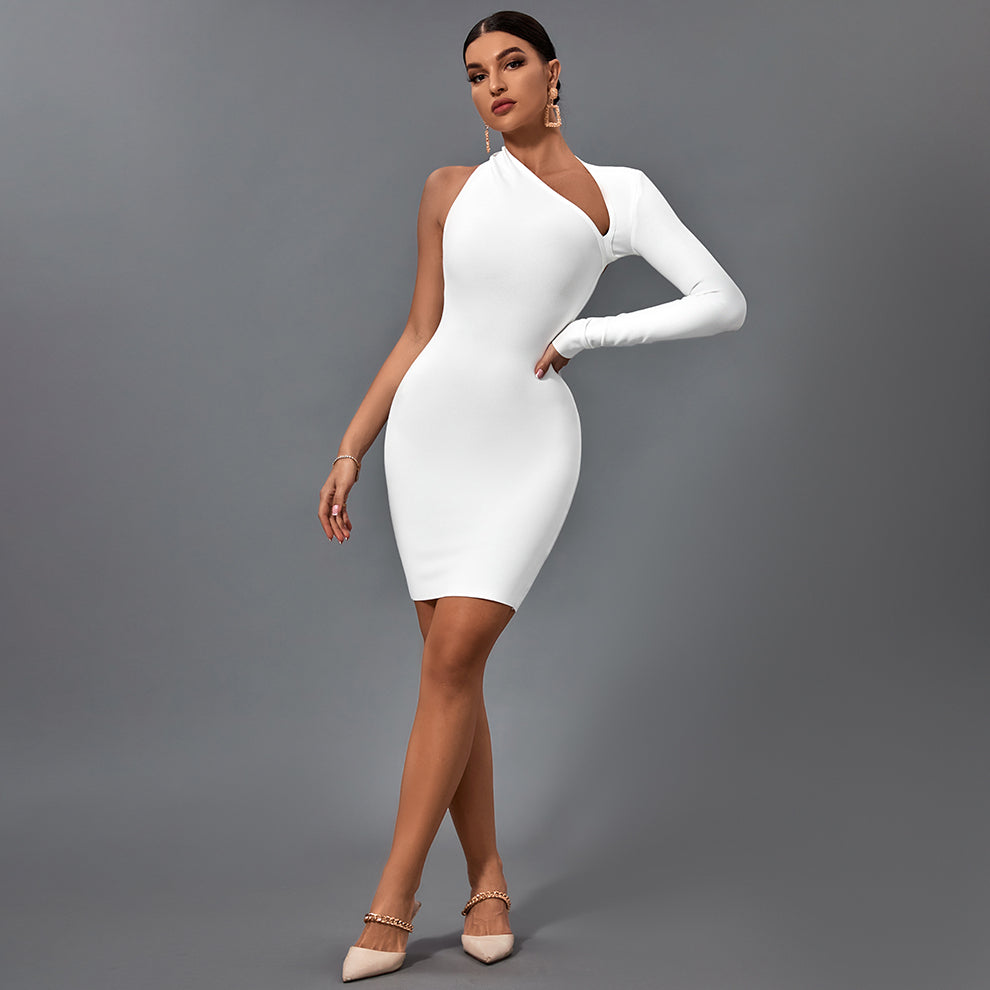 Halter One Sleeve Asymmetrical Mini Bandage Dress PZ19259