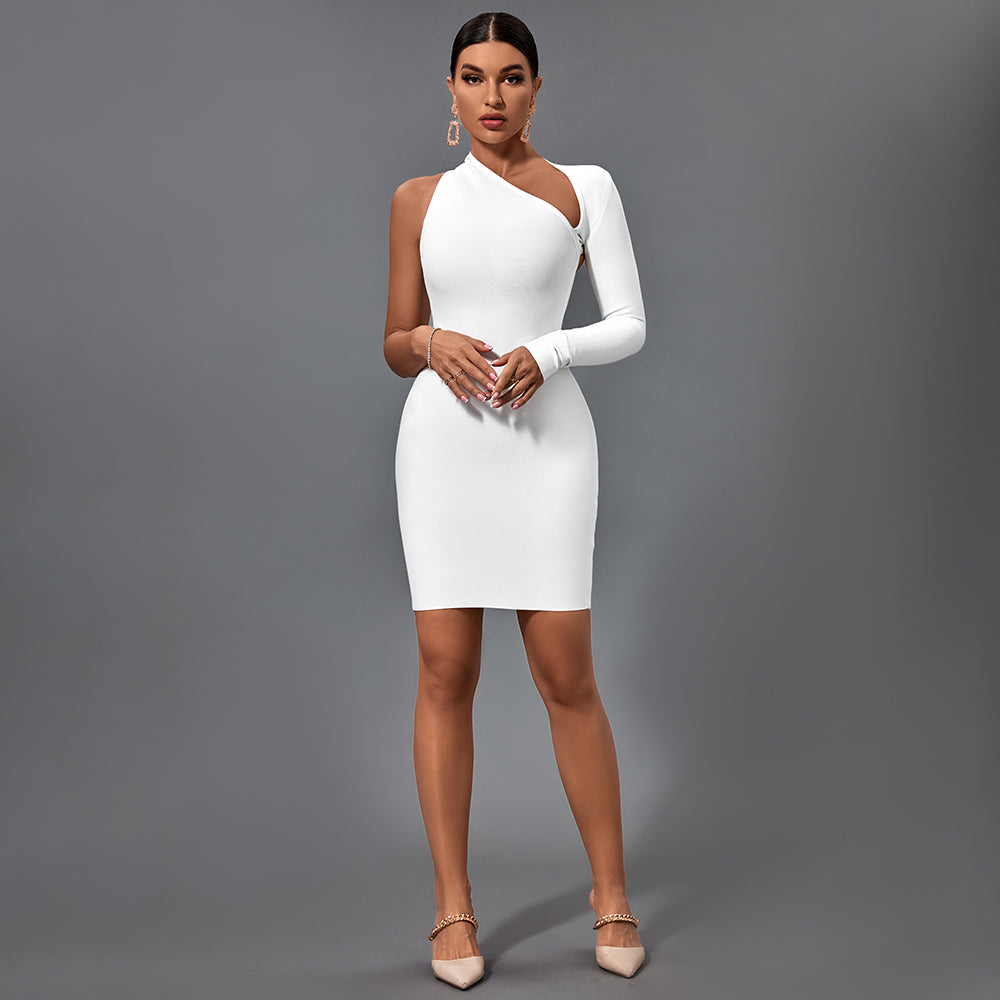 Halter One Sleeve Asymmetrical Mini Bandage Dress PZ19259