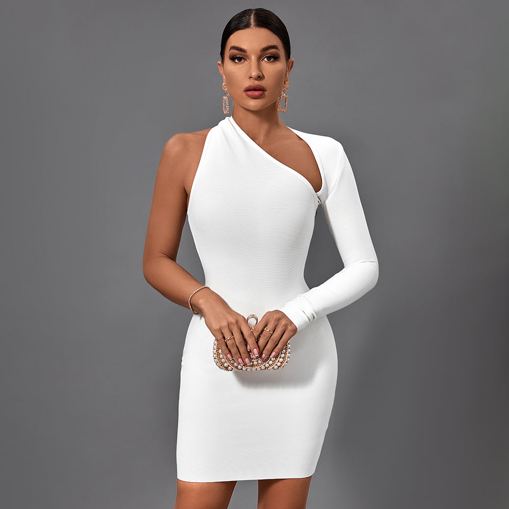 Halter One Sleeve Asymmetrical Mini Bandage Dress PZ19259