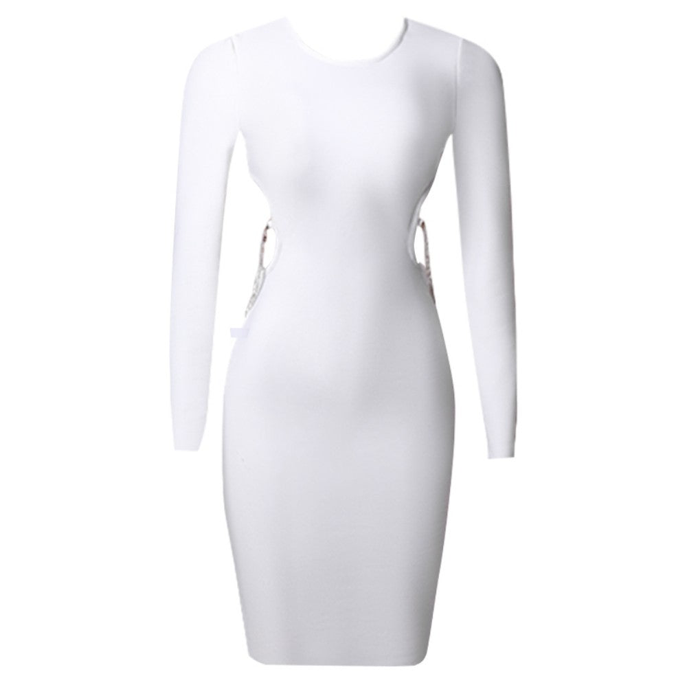 Round Neck Long Sleeve Hollow out Midi Bandage Dress PZC1458