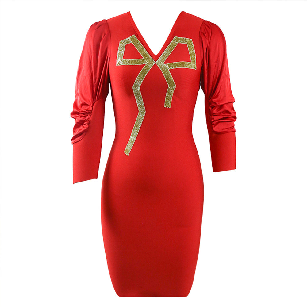 Red V Neck Long Sleeve Patterned Midi Bandage Dress PZC920