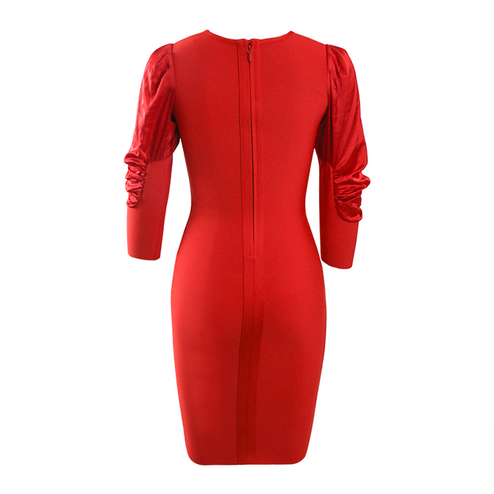 Red V Neck Long Sleeve Patterned Midi Bandage Dress PZC920