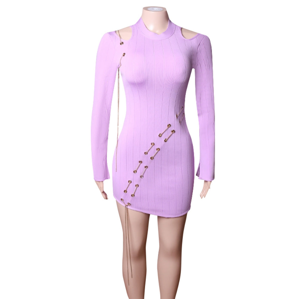 Round Neck Long Sleeve Chain Mini Bandage Dress PZL2804