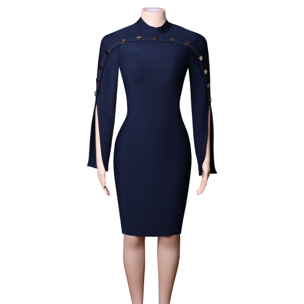 High Neck Long Sleeve Slit Midi Bandage Dress PZL2832