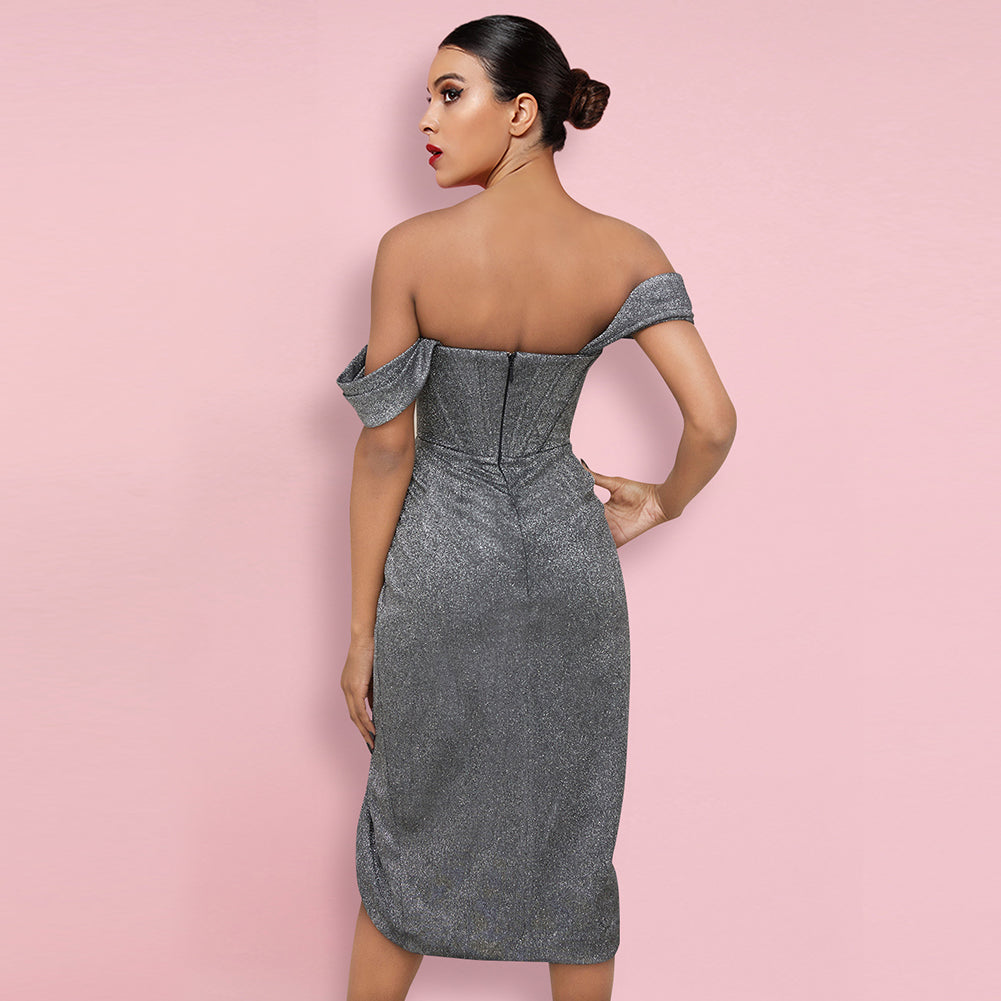 Off Shoulder Short Sleeve Wrinkled Over Knee Bodycon Dress HI1116