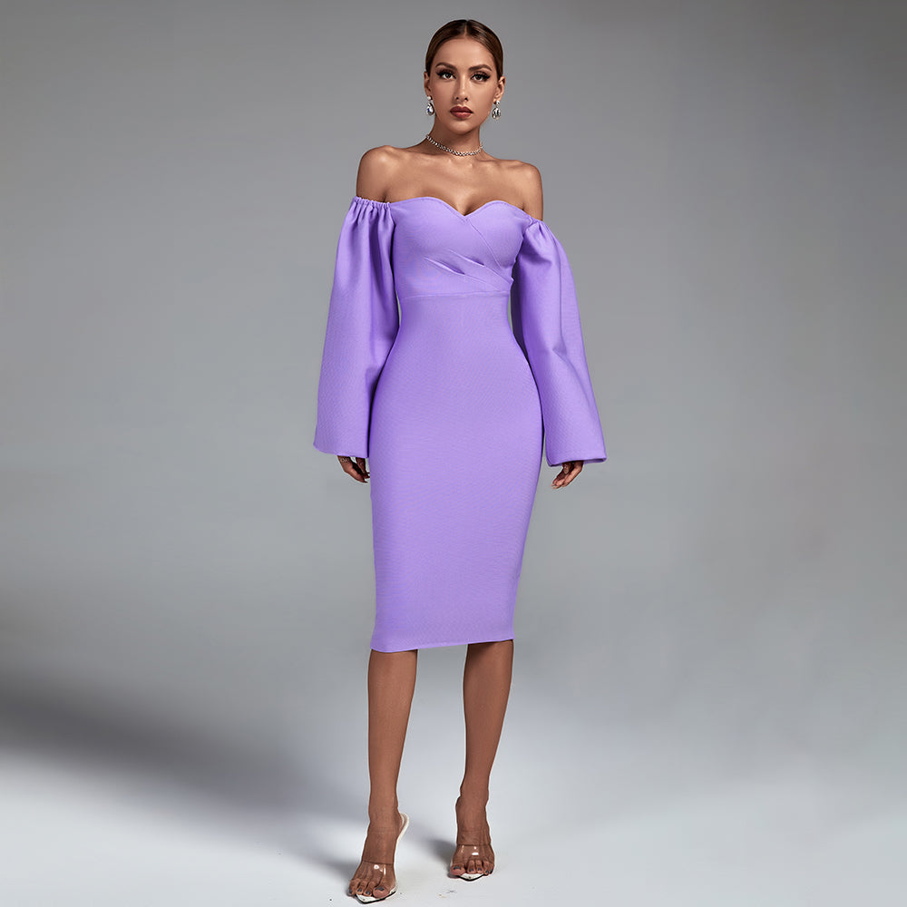 Purple Off Shoulder Long Sleeve Backless Midi Bandage Dress PP21814