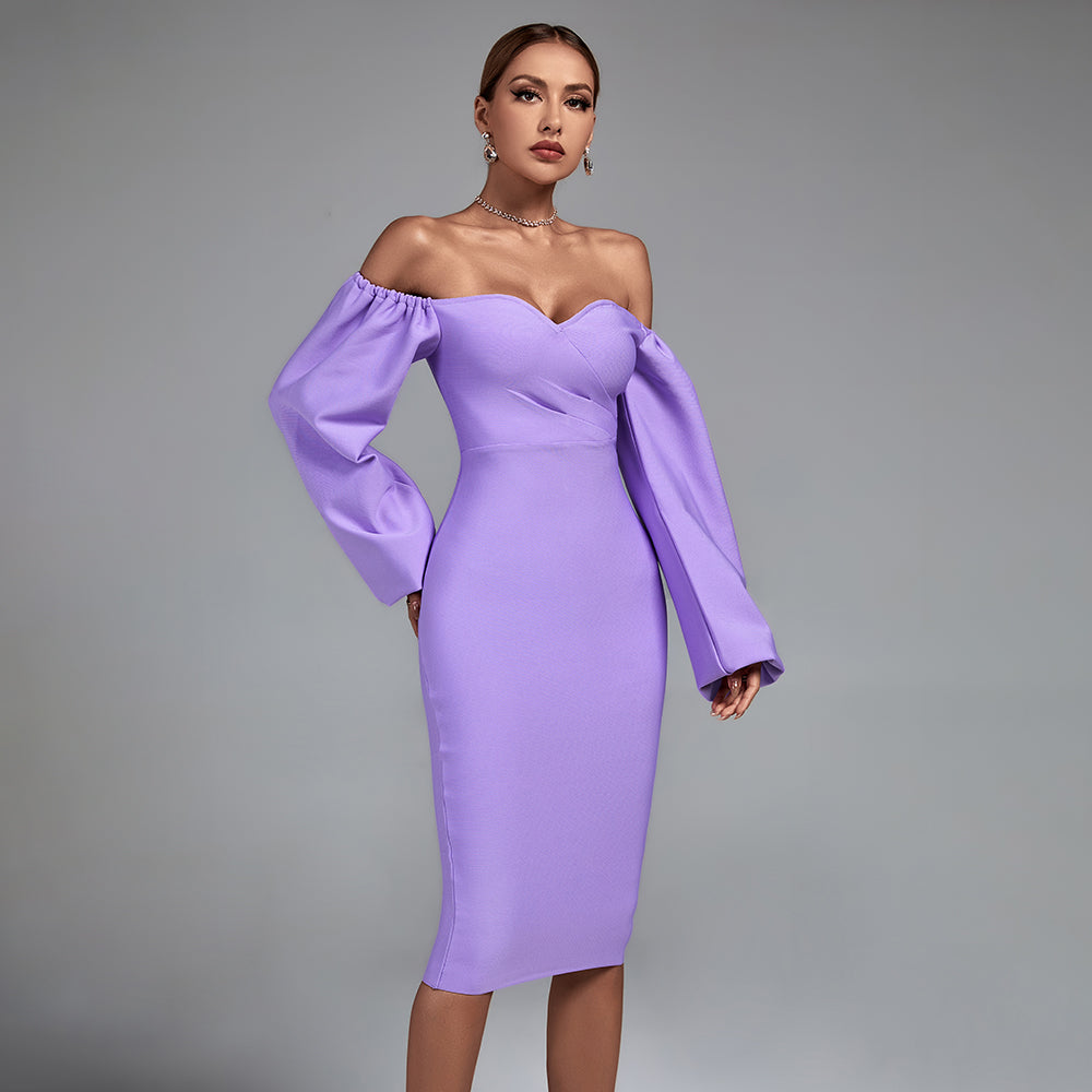 Purple Off Shoulder Long Sleeve Backless Midi Bandage Dress PP21814