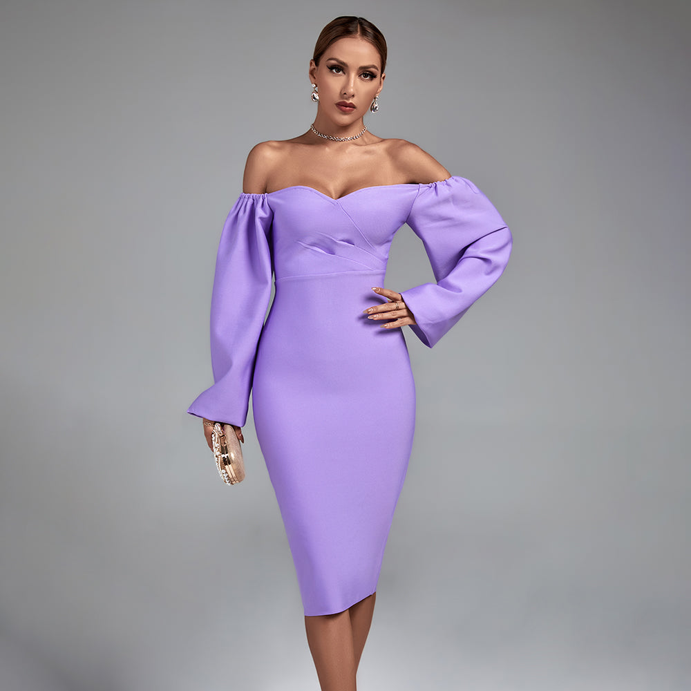 Purple Off Shoulder Long Sleeve Backless Midi Bandage Dress PP21814