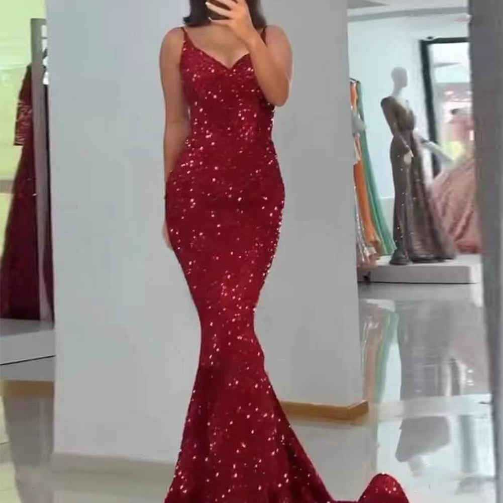 Strappy Sleeveless Sequined Maxi Prom Dress HT2409