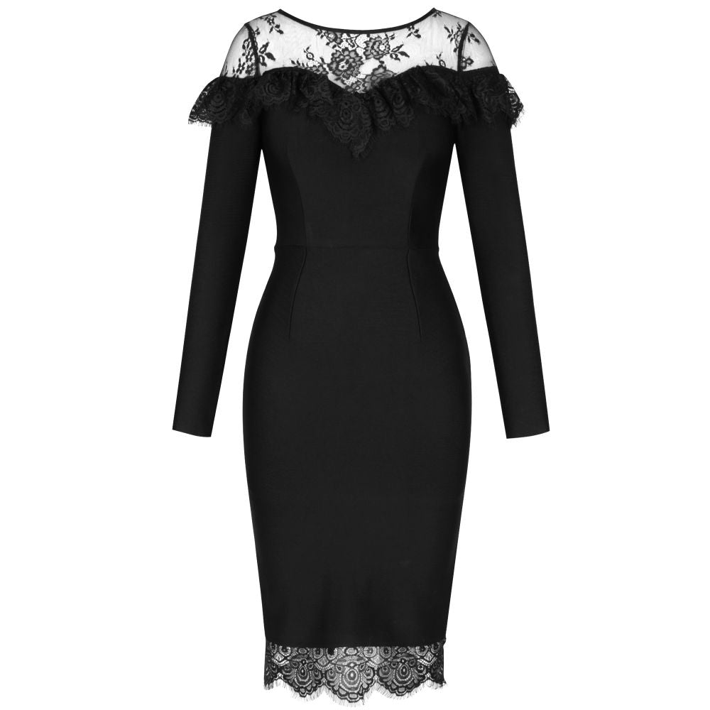 Round Neck Long Sleeve Lace Over Knee Bandage Dress PF091408