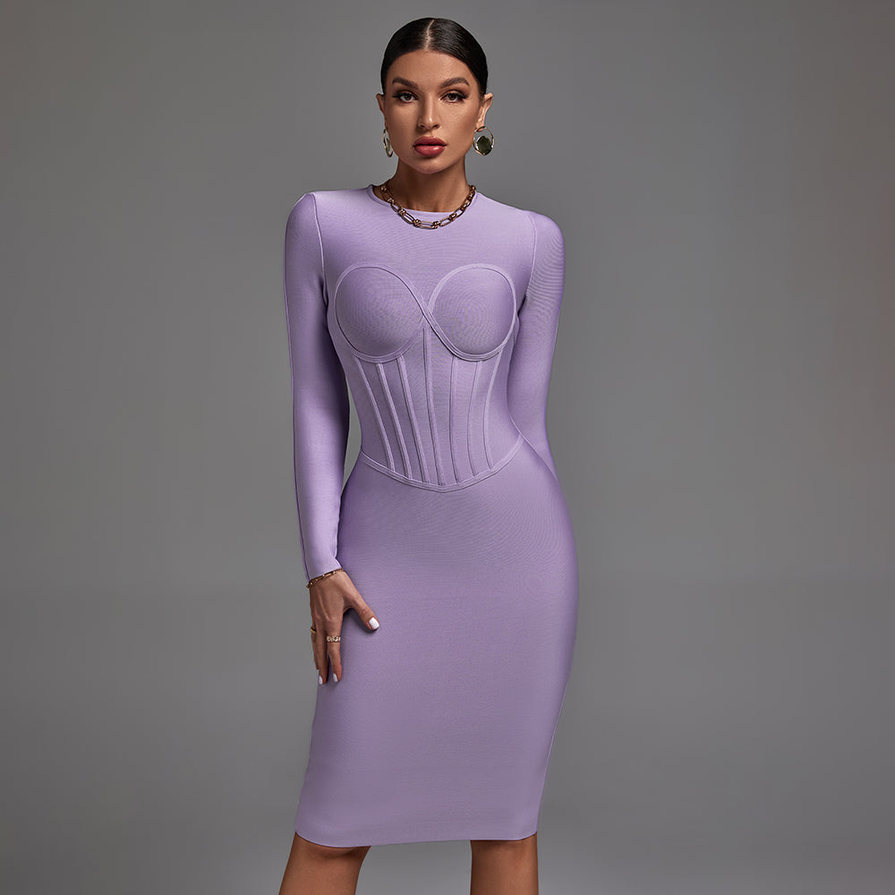 Round Neck Long Sleeve Striped Midi Bandage Dress PP21811