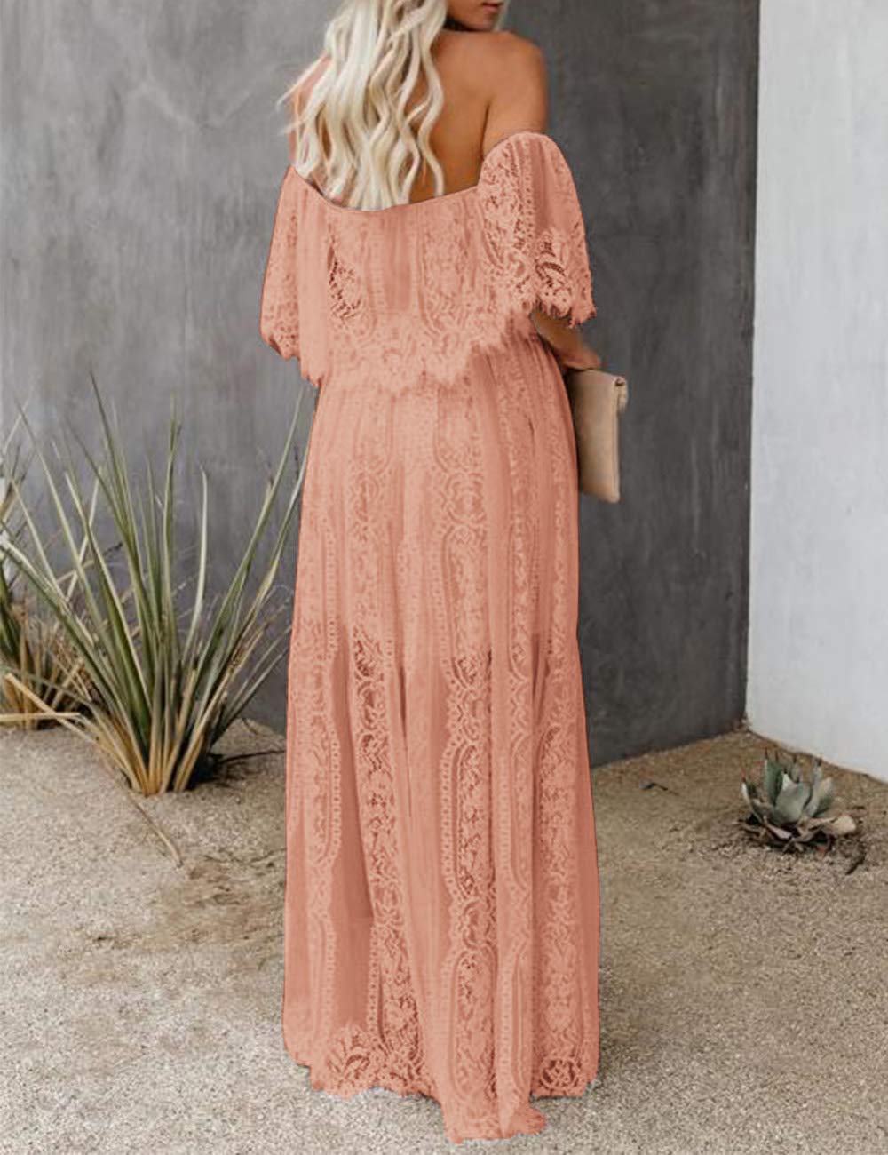 Off Shoulder Short Sleeve Floral Lace Bridesmaid Maxi Dress SN611491