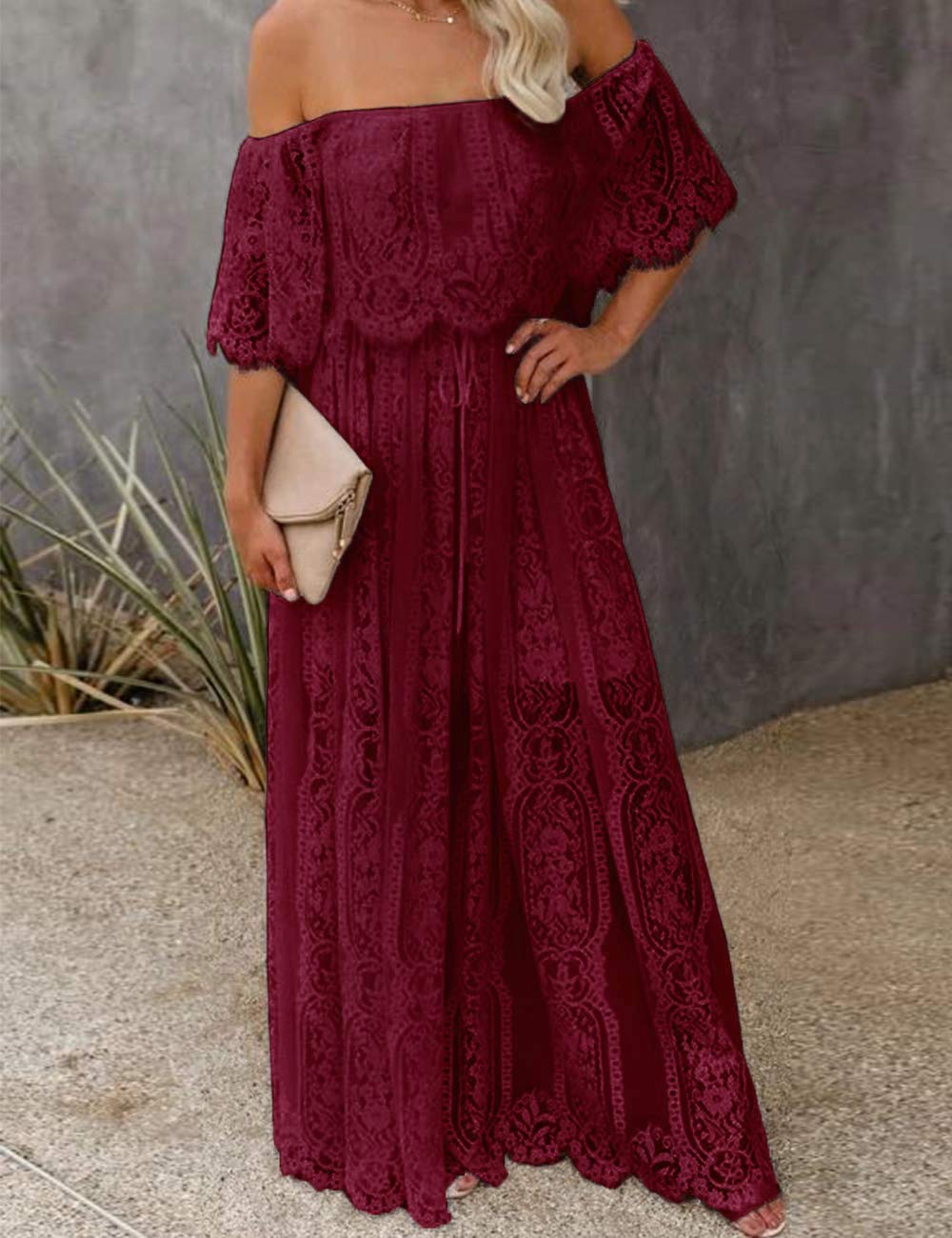 Off Shoulder Short Sleeve Floral Lace Bridesmaid Maxi Dress SN611491