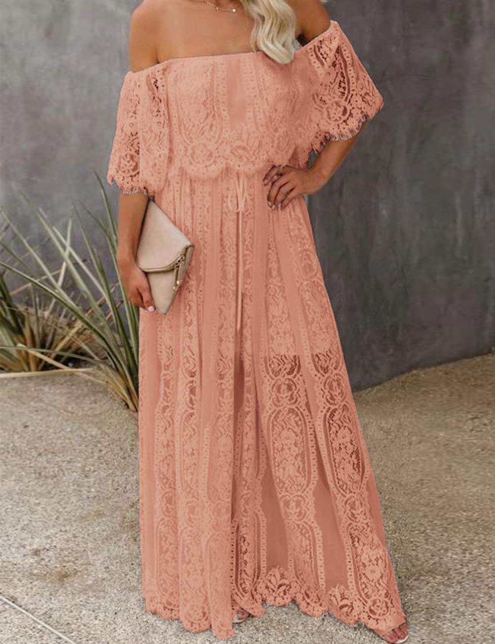 Off Shoulder Short Sleeve Floral Lace Bridesmaid Maxi Dress SN611491