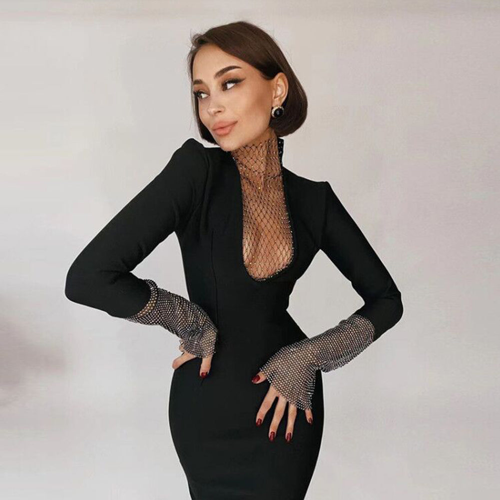 Sexy High Neck Long Sleeve Rhinestone Midi Bandage Dress HL8443