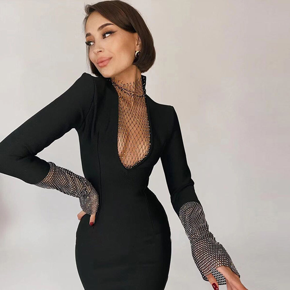 Sexy High Neck Long Sleeve Rhinestone Midi Bandage Dress HL8443