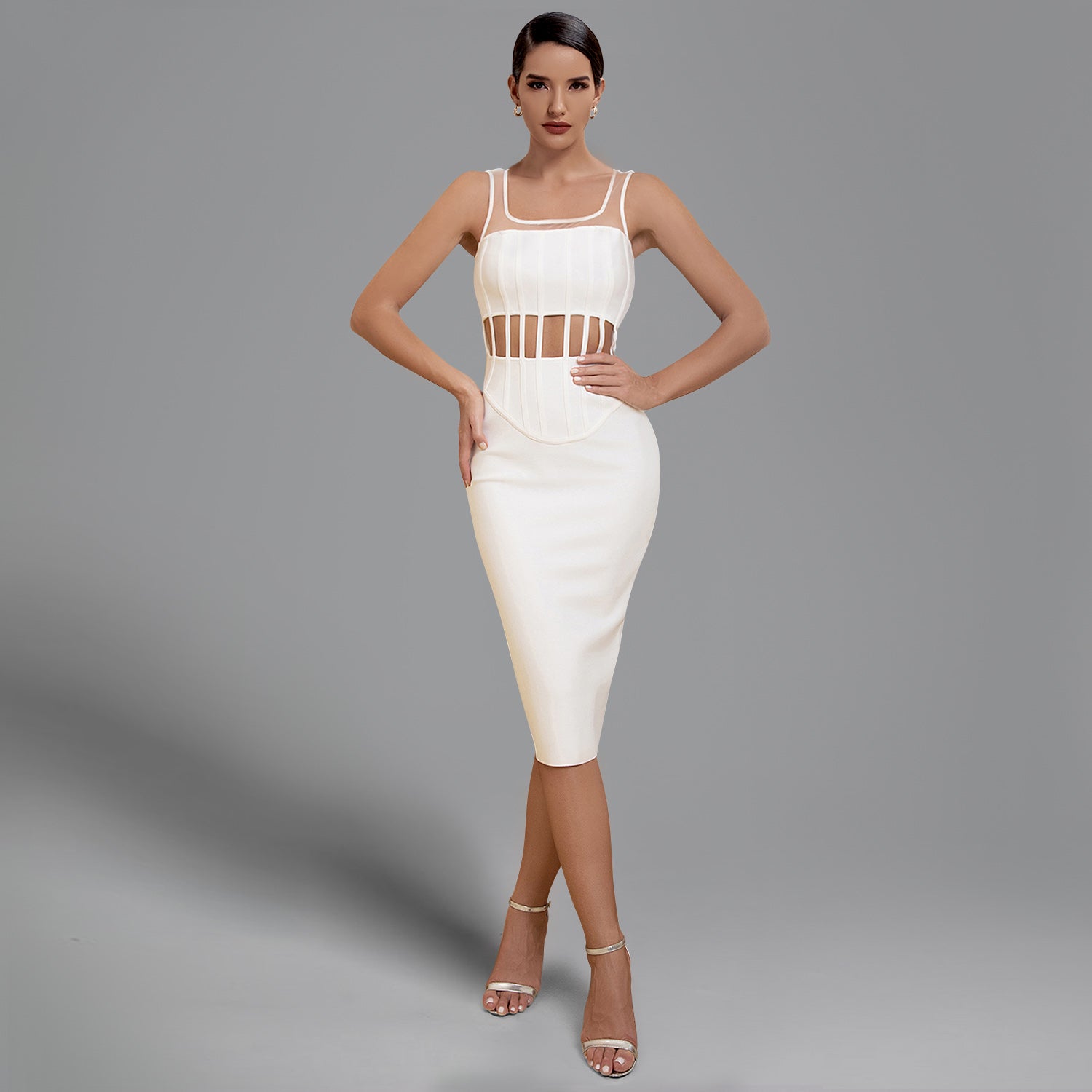 Square Collar Sleeveless Striped Midi Bandage Dress PF21902