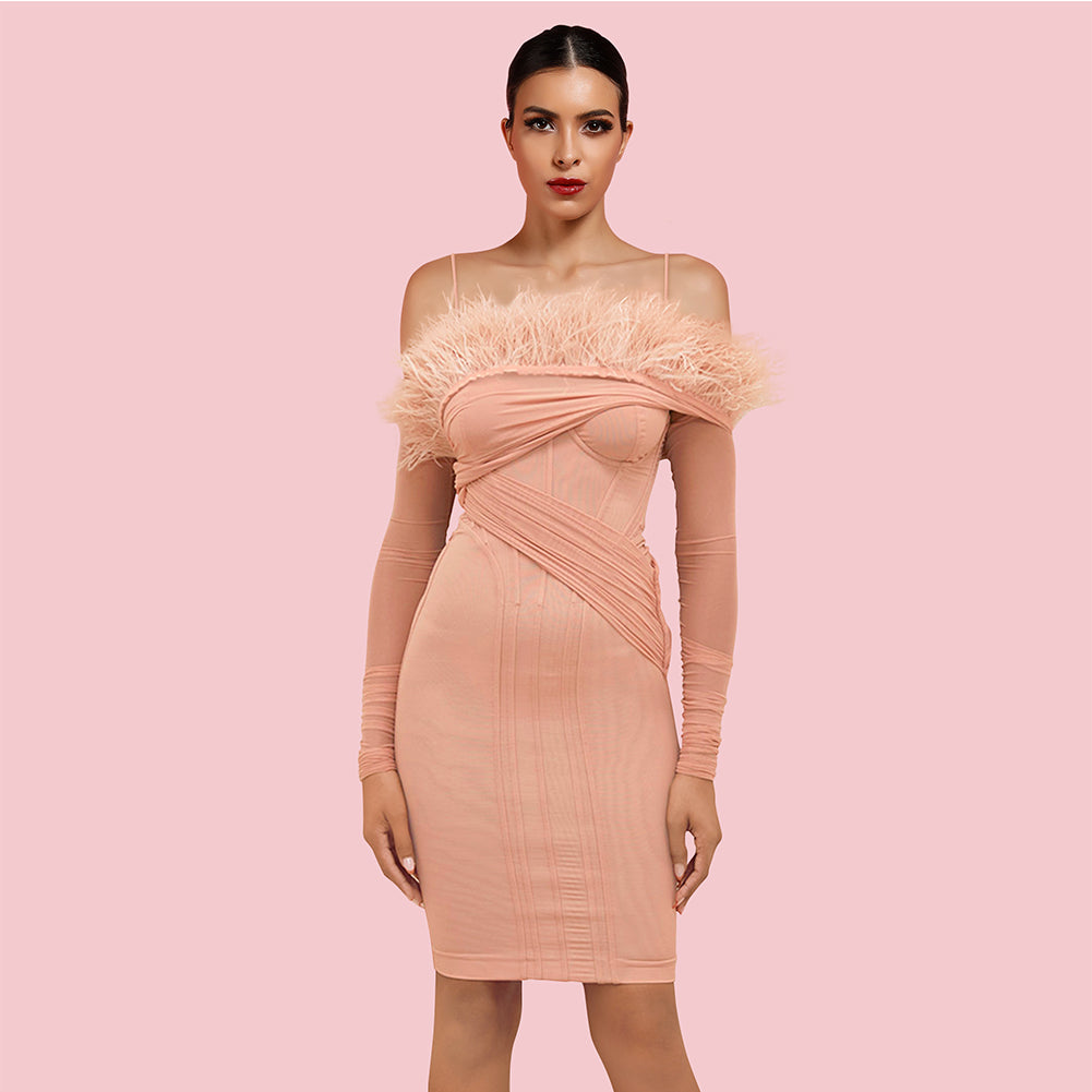 Strappy Long Sleeve Striped Midi Bandage Dress HL9020