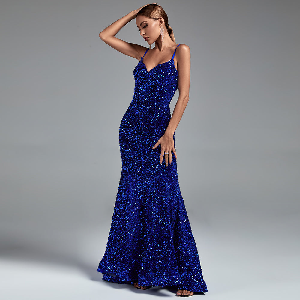 Strappy Sleeveless Sequined Maxi Prom Dress HT2409