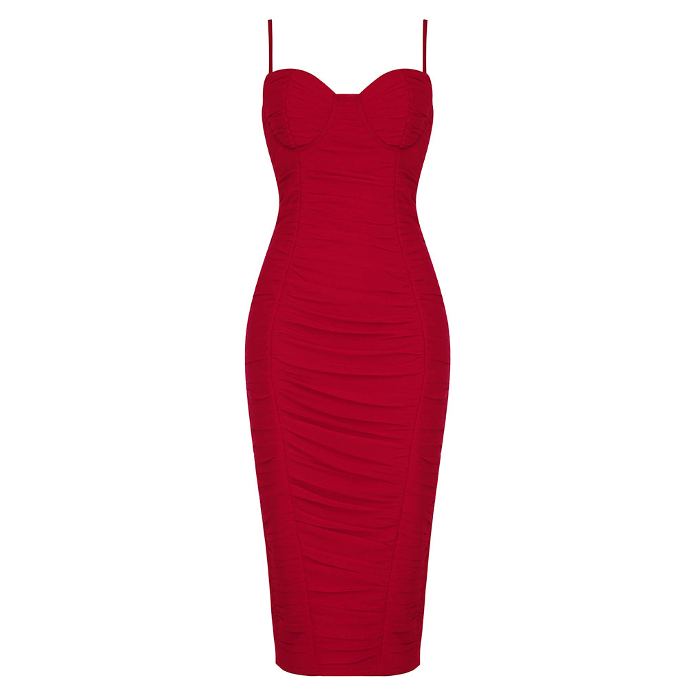 Strappy Sleeveless Wrinkled Midi Bandage Dress HB7551