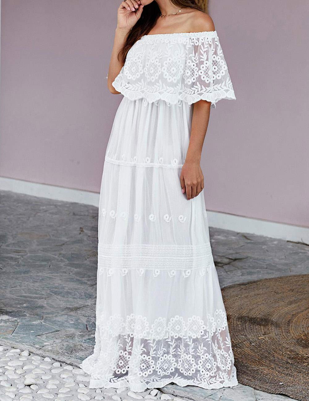 Off Shoulder Short Sleeve Floral Lace Bridesmaid Maxi Dress TJ611313