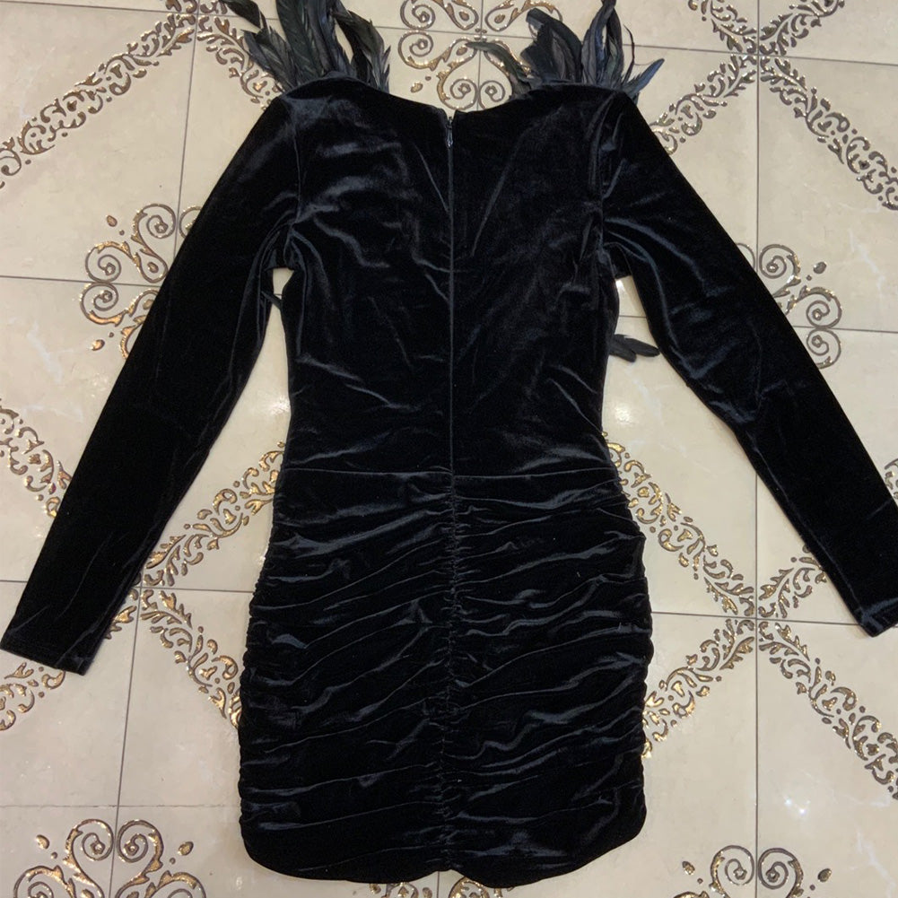 V Neck Long Sleeve Feather Mini Bodycon Dress HT2600