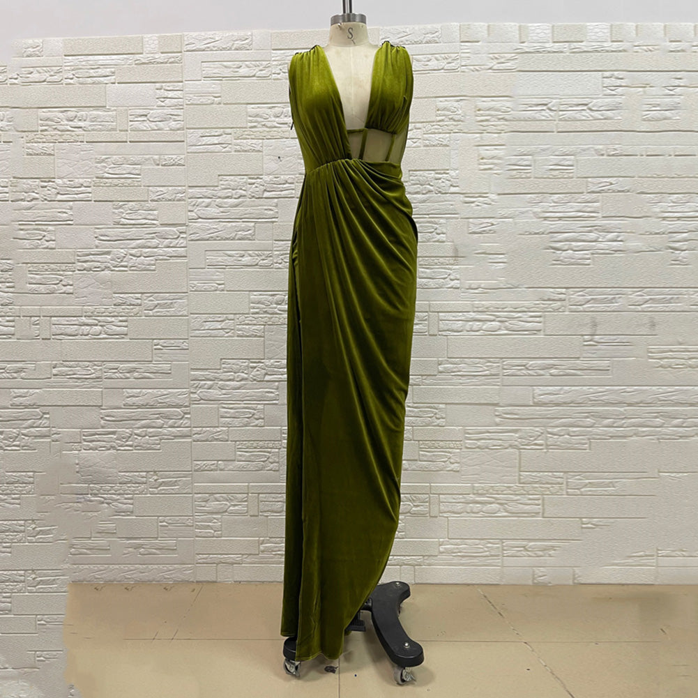 V Neck Sleeveless Slit Maxi Bodycon Dress H01194