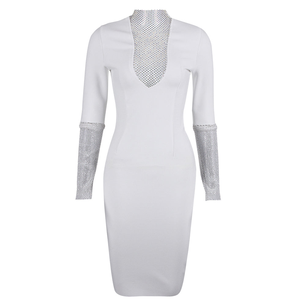 Sexy High Neck Long Sleeve Rhinestone Midi Bandage Dress HL8443