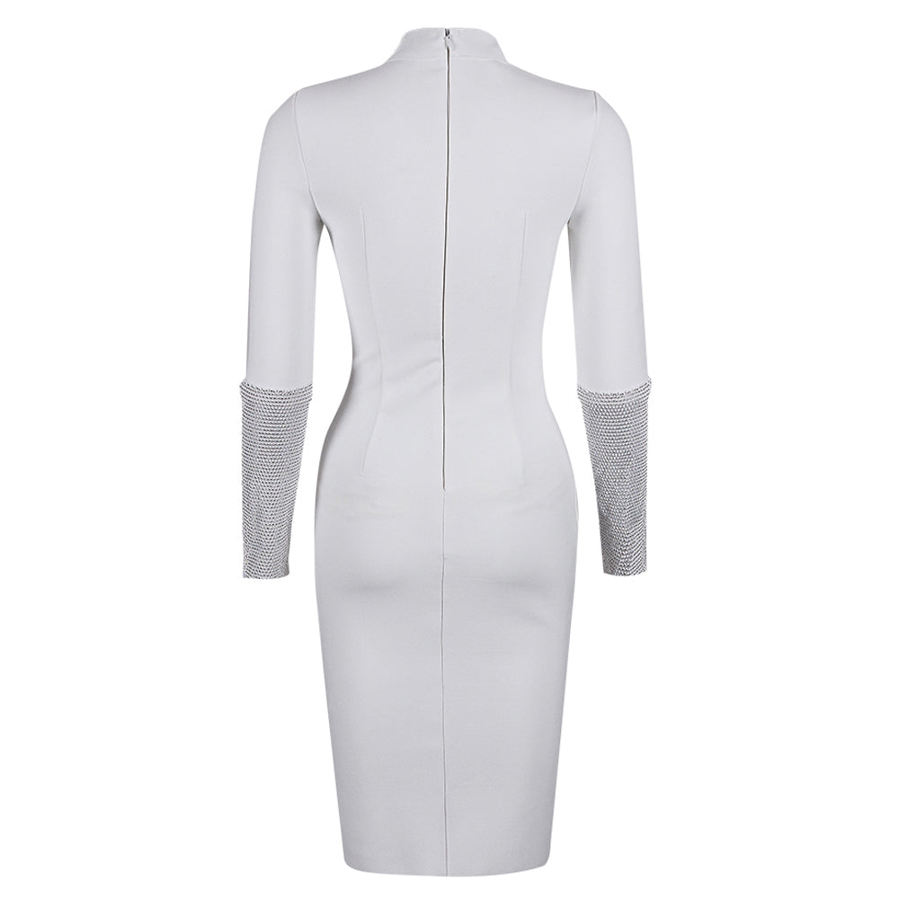 Sexy High Neck Long Sleeve Rhinestone Midi Bandage Dress HL8443