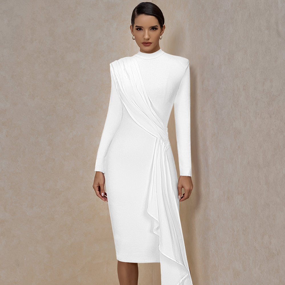 White Round Neck Long Sleeve Frill Midi Bandage Dress PP20007