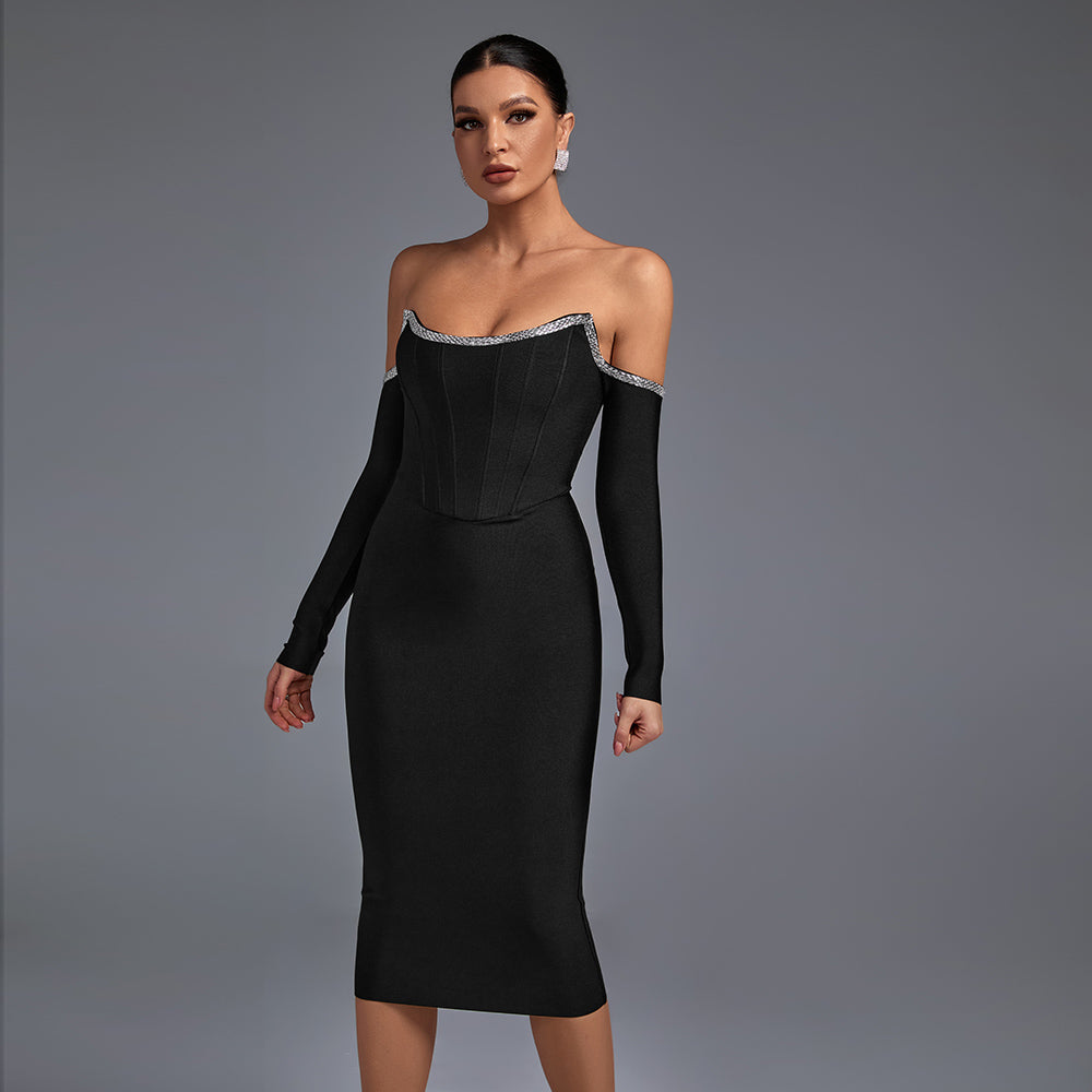 Black Off Shoulder Long Sleeve Rhinestone Midi Bandage Dress PP21120601