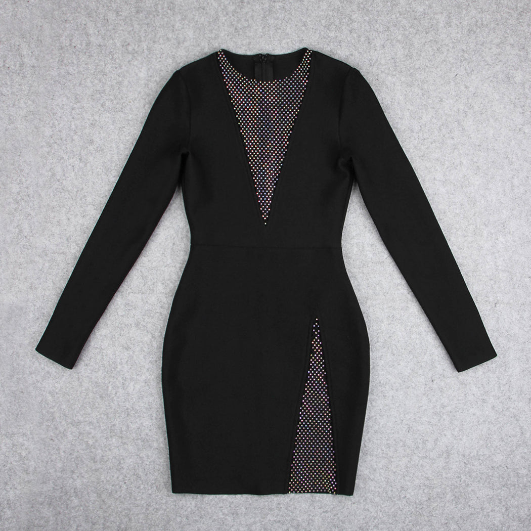 V-neck Long Sleeve Rhinestone Mini Bandage Dress HL8411