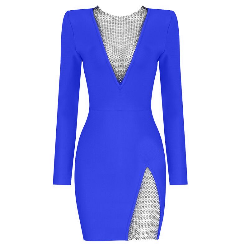 V-neck Long Sleeve Rhinestone Mini Bandage Dress HL8411