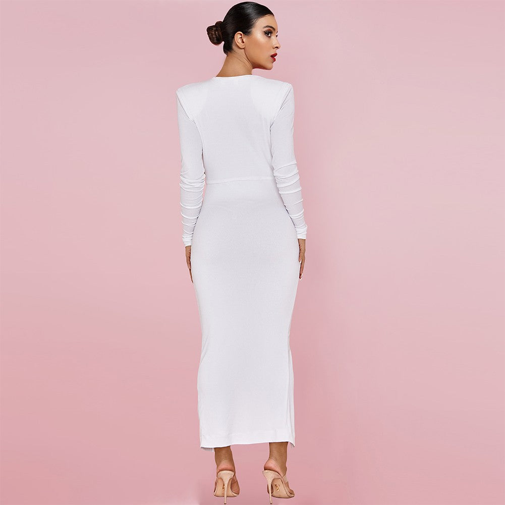 V Neck Long Sleeve Ruched Maxi Bodycon Dress HI1146