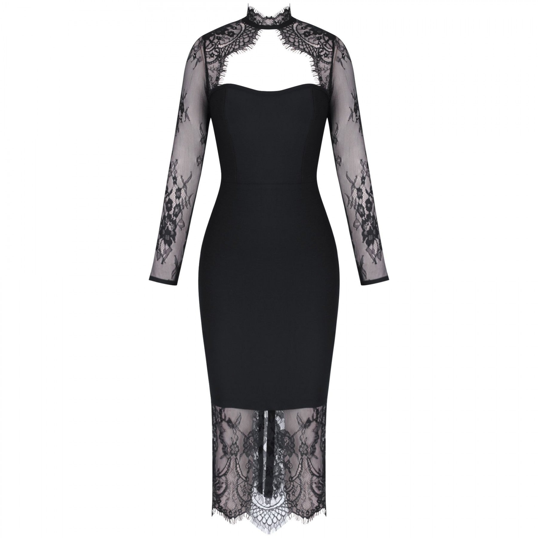 Round Neck Long Sleeve Lace Over Knee Bandage Dress PF19204