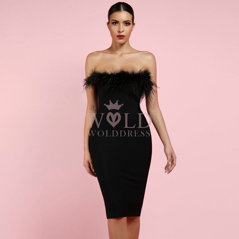 Strapless Sleeveless Plume Mini Bandage Dress PF1108