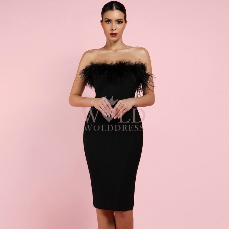 Strapless Sleeveless Plume Mini Bandage Dress PF1108