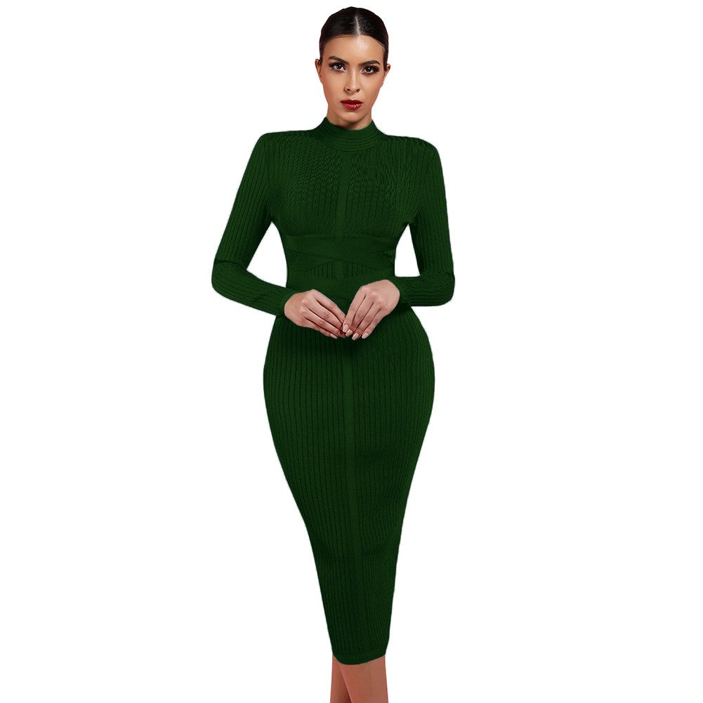 Round Neck Long Sleeve Striped Over Knee Bandage Dress PF1201