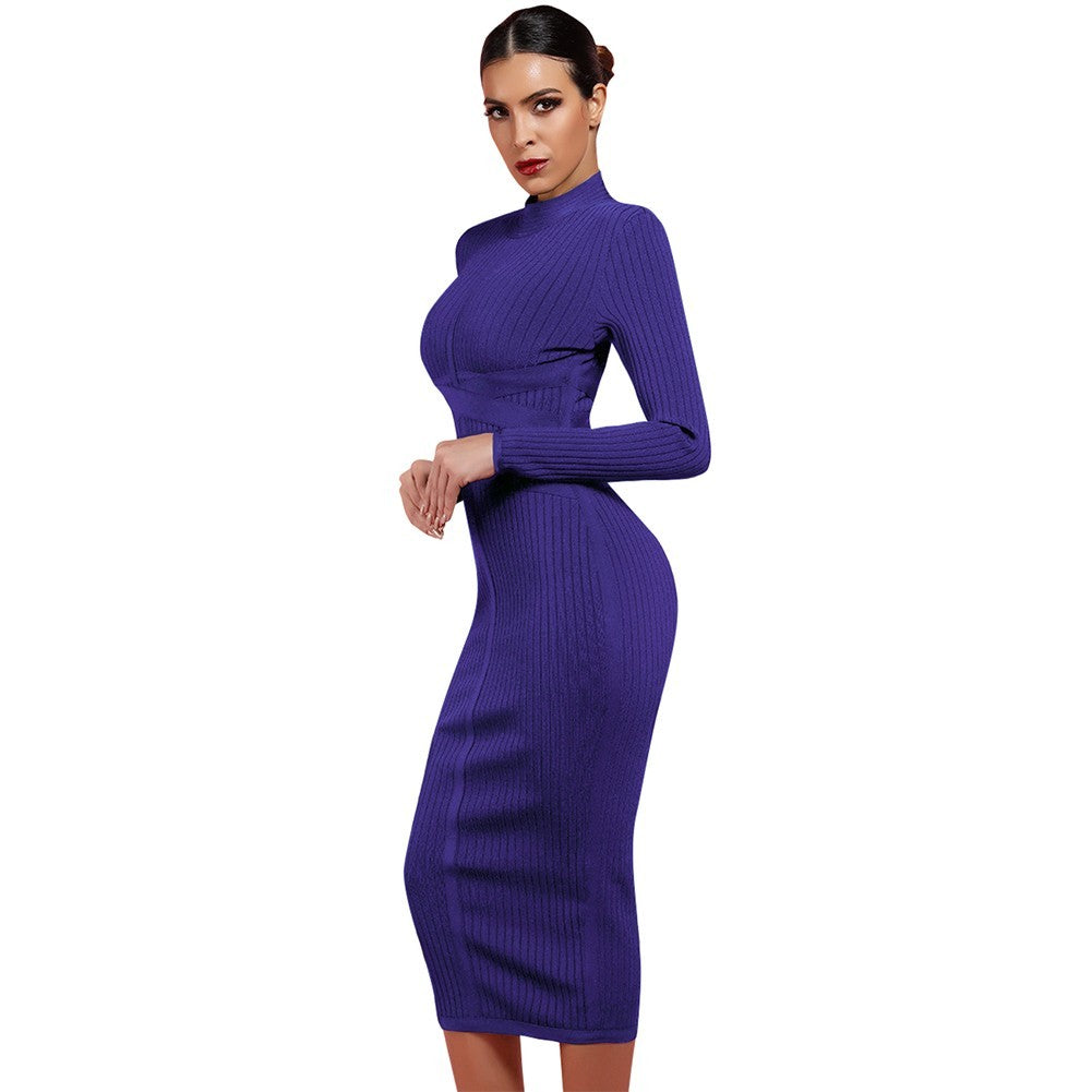 Round Neck Long Sleeve Striped Over Knee Bandage Dress PF1201