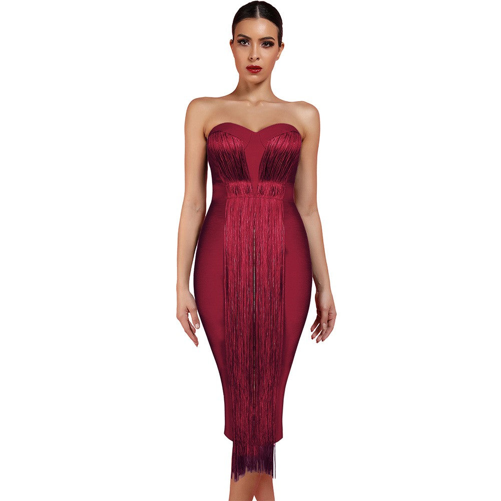 Strapless Tassels Over Knee Backless Bandage Dress PF19034