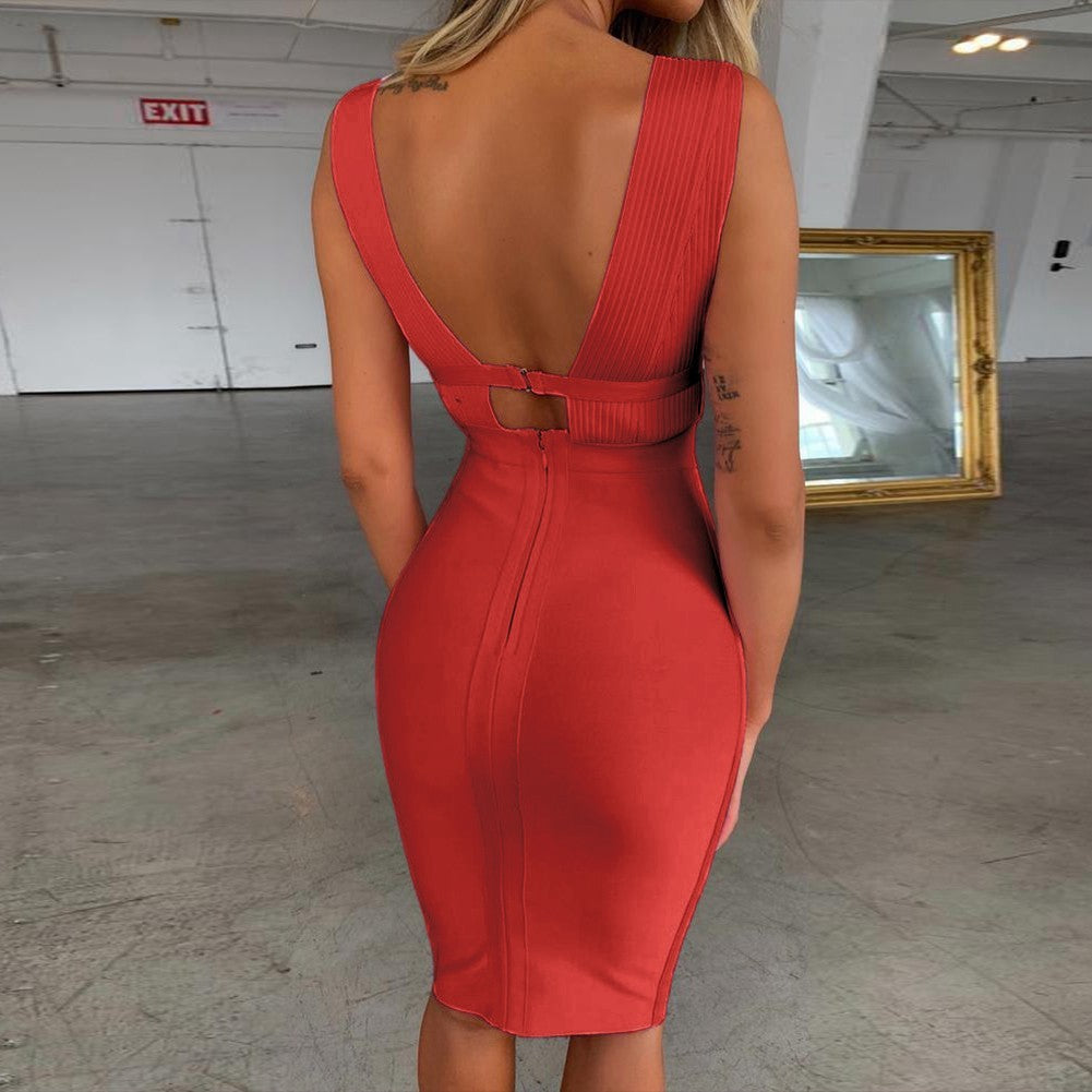 V Neck Sleeveless Fashion Bandage Dress PF19056