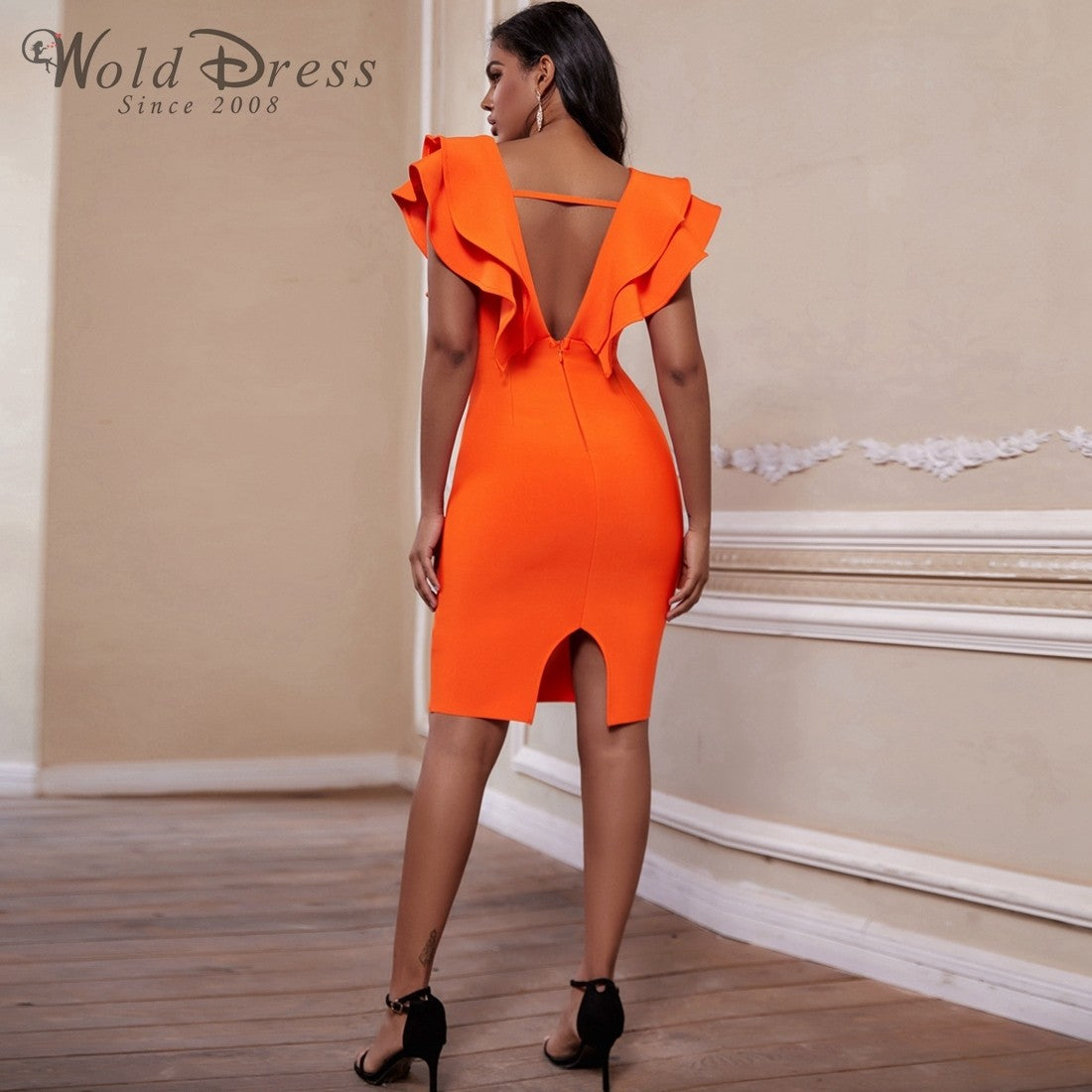 V Neck Sleeveless Frill Over Knee Bandage Dress PM19225