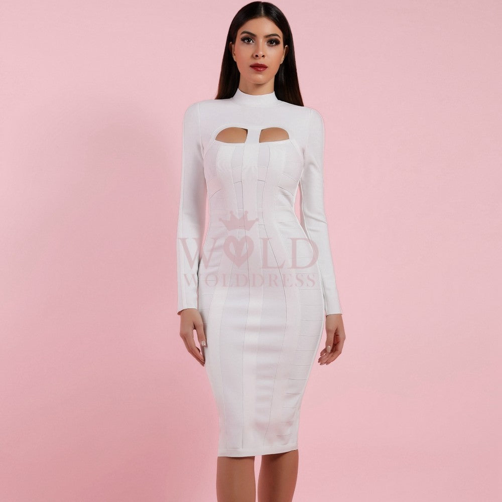 High Neck Long Sleeve Cut Out Over Knee Bandage Dress PP1103