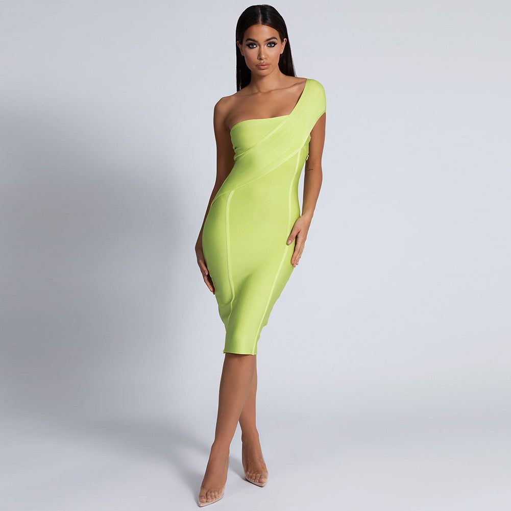 One Shoulder Asymmetrical Over Knee Bandage Dress PP40199