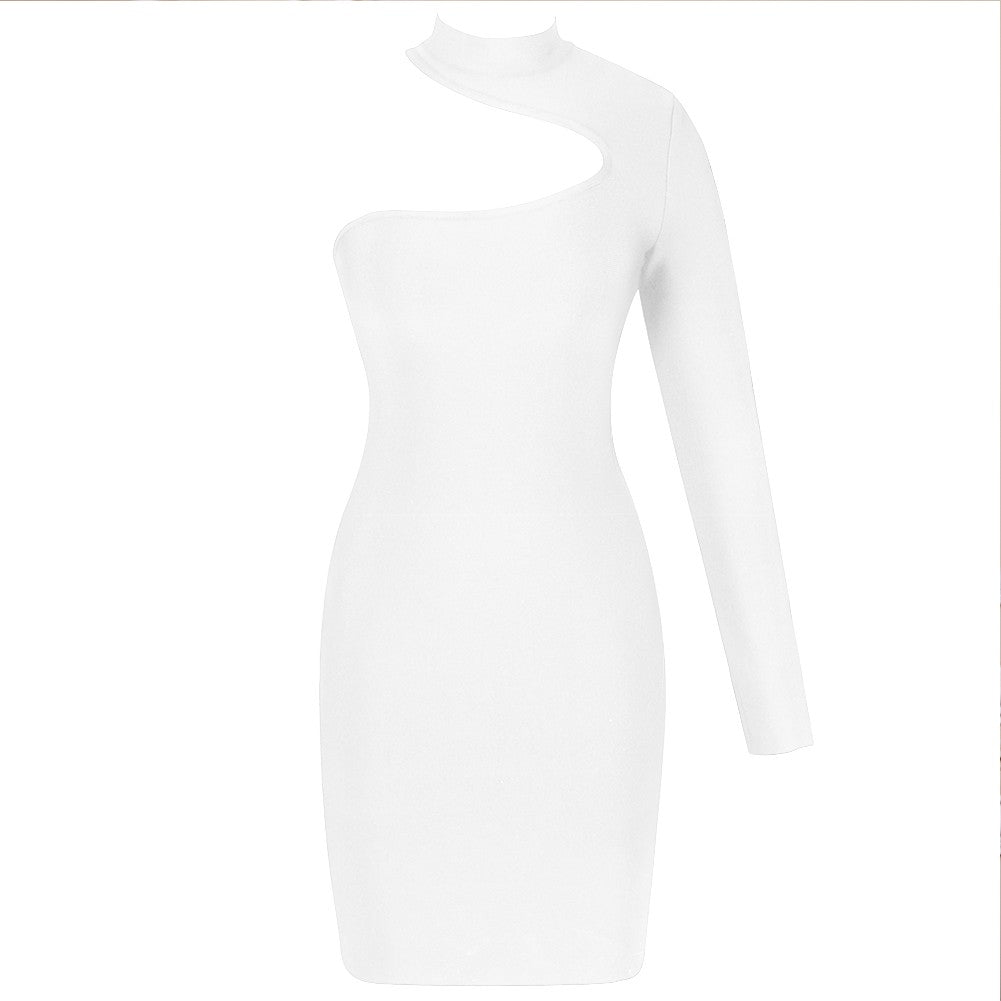 High Neck Long Sleeve Asymmetrical Mini Bandage Dress PZ19187