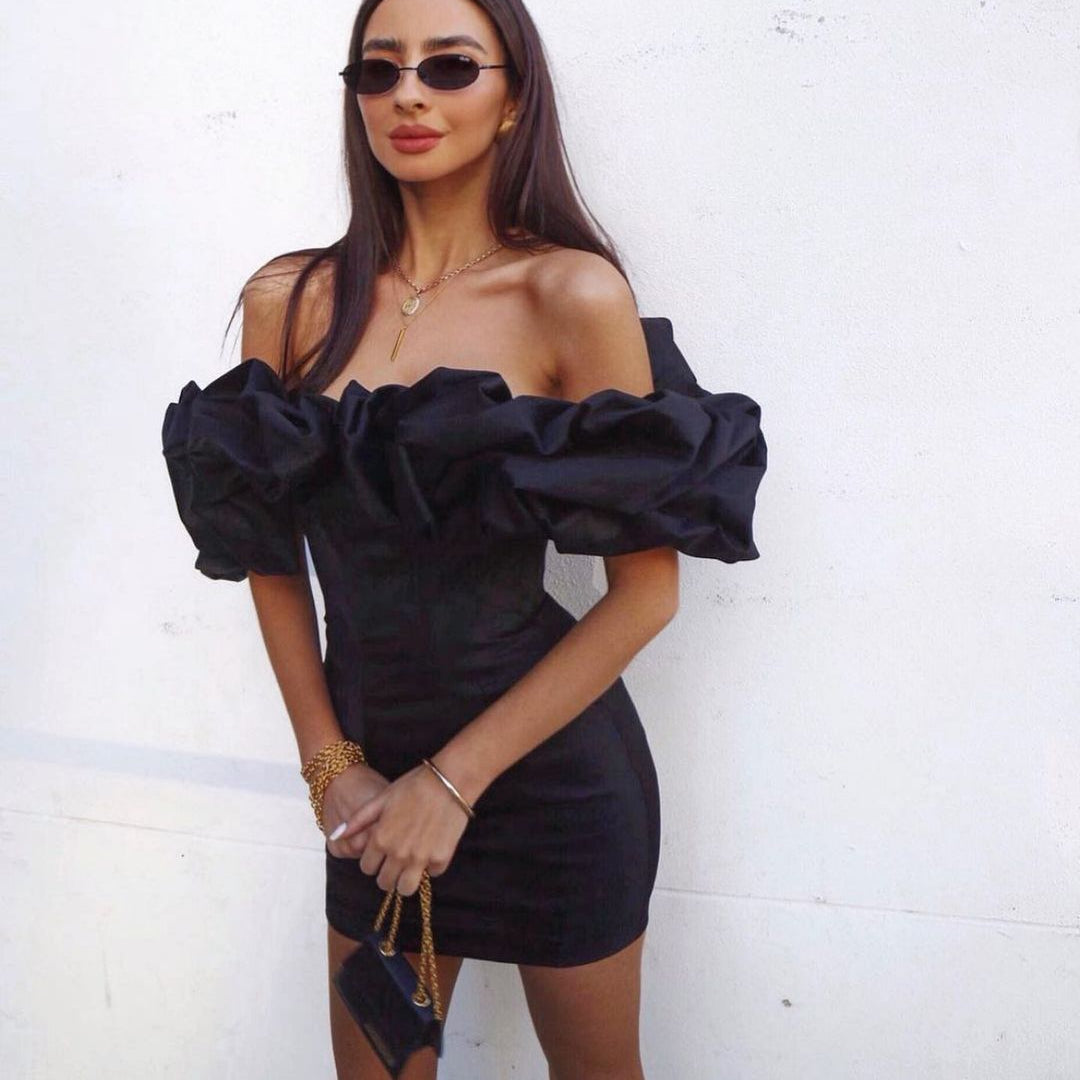 Off Shoulder Short Sleeve Frill Mini Bodycon Dress HL8218